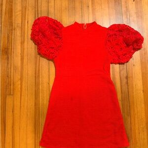 THML Red Puff Sleeve Statement Dress Floral Textured Sleeves Size M